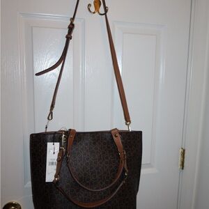 Calvin Klein Brown Monogram Tote with Tan Trim